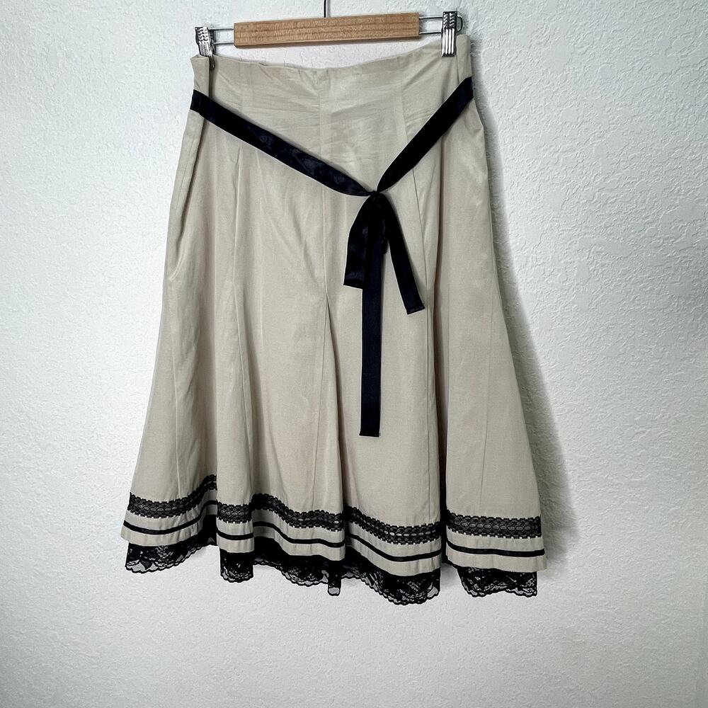 ISHYU Silk Cotton Skirt Womens 10 Ivory Black Lace Bow A-Line Midi